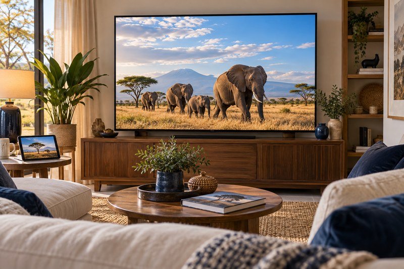 Television showing an elephant documentary in a family living room