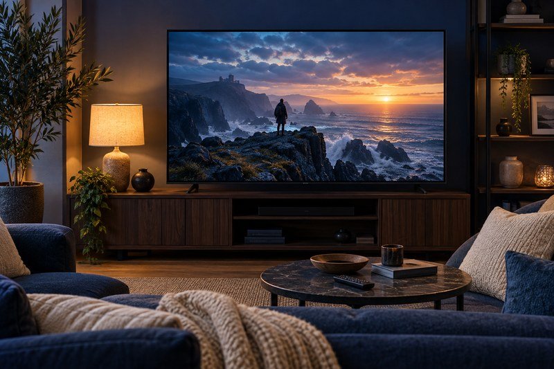 Home television showing a cinematic coastal scene