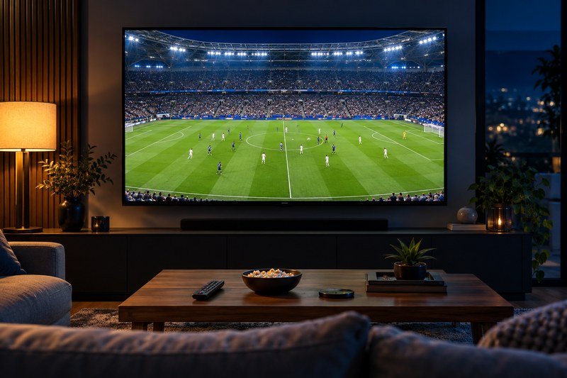Television showing a football match in a home viewing area
