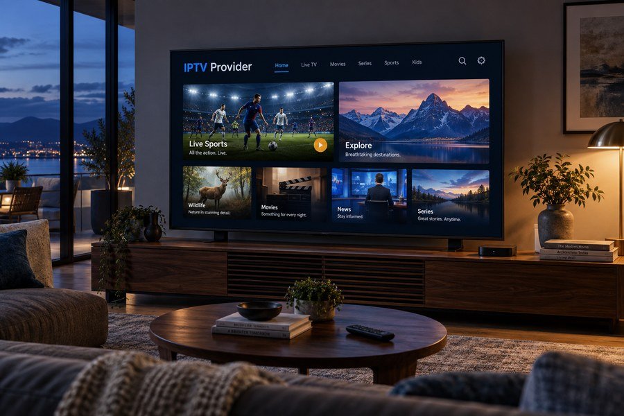 Illustrative IPTV Provider programme browsing screen in a living room