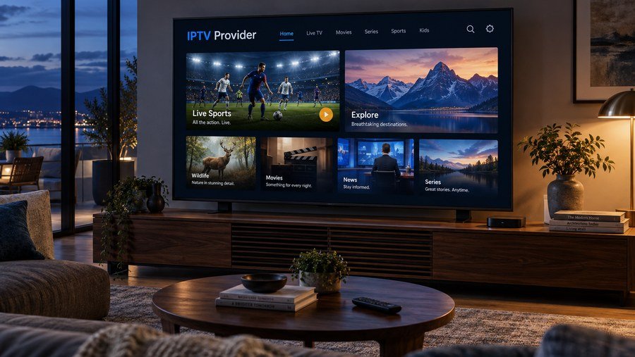 Illustrative IPTV browsing screen with sport, film, nature and news categories