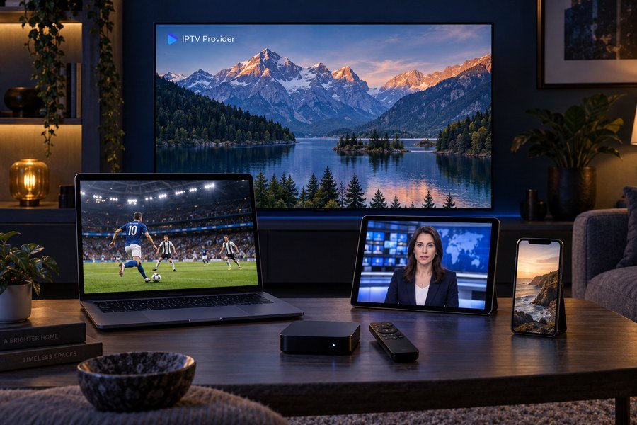 Television, laptop, tablet and phone illustrating viewing across compatible devices