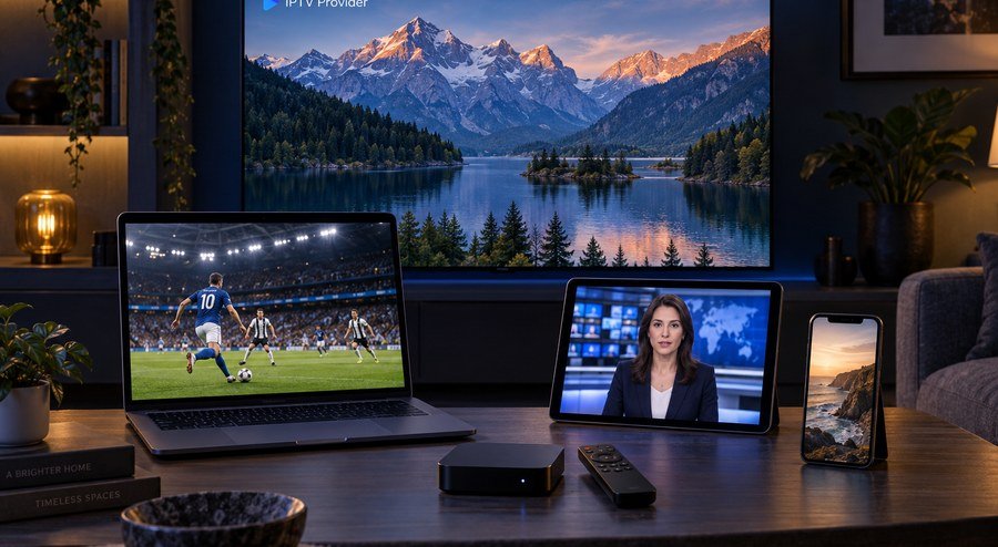 Television, laptop, tablet and phone illustrating household viewing choices