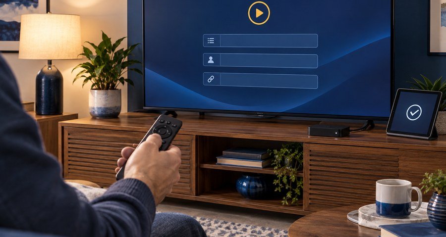 Viewer using a remote beside a television showing an illustrative setup screen