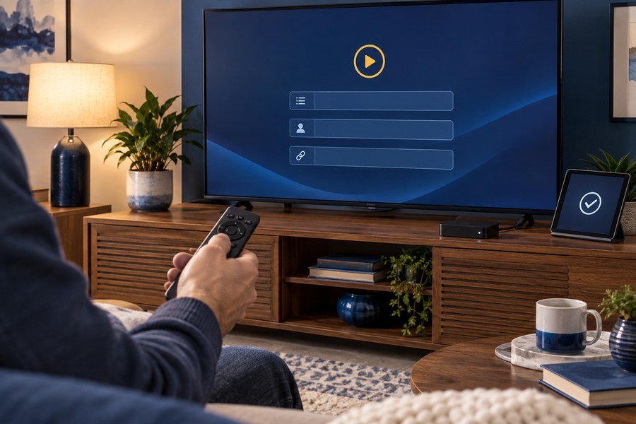 Remote control and streaming box beside a television showing an illustrative setup screen